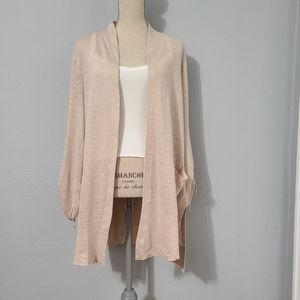 J Jill Love Linen Woman's Cardigan‎ Beige Open Front Cinched Sleeves Size Large